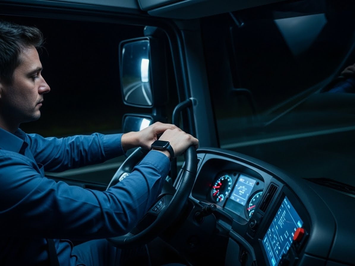 Truck driver at night with illuminated dashboard and digital displays in vehicle cabin